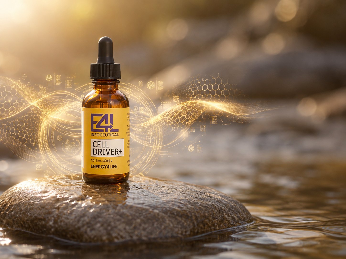 Cell Driver+ Infoceutical bottle standing on a river stone, golden light moving across the water