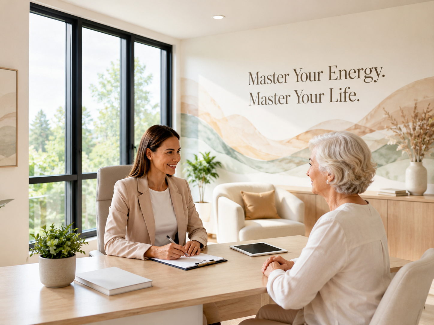 A client and Practitioner talking in warm, natural light