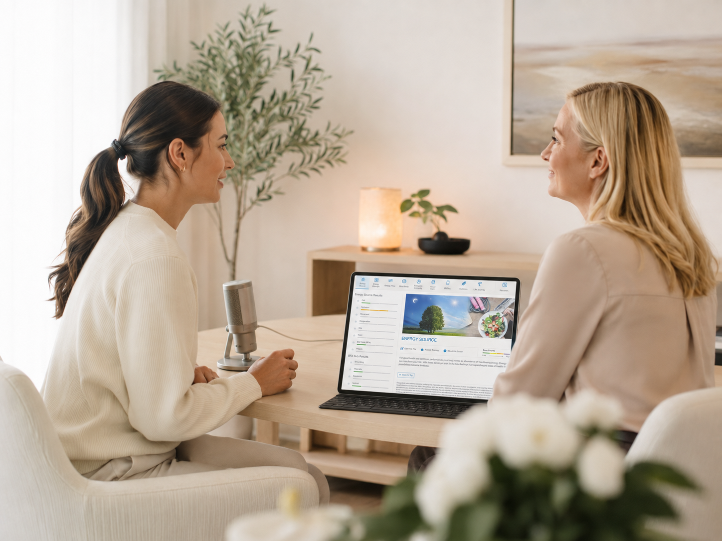 A practitioner and client reviewing BWS scan results together on a laptop
