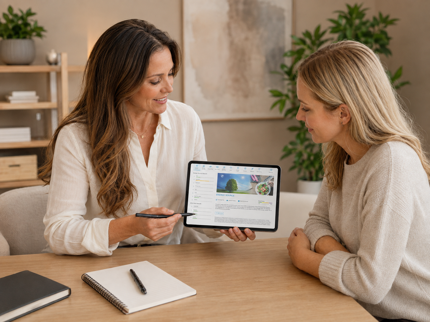 A Practitioner showing a client their energy results on a tablet